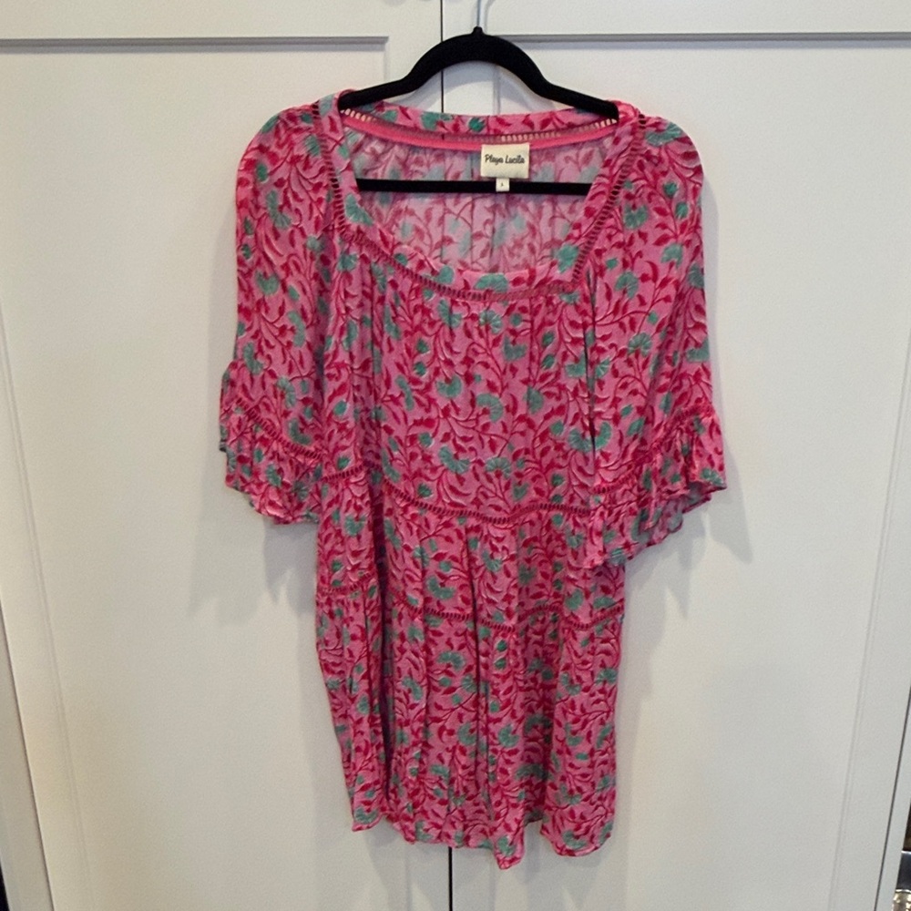 Playa Lucila Pink Floral Mini Dress with Teal Leaf Print